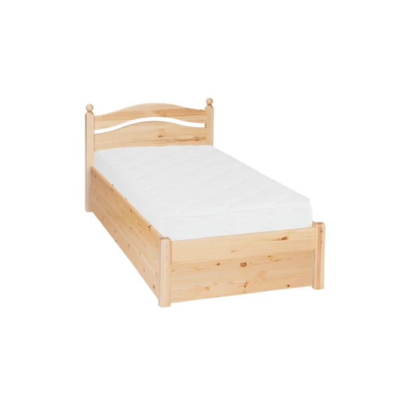 309G Borovi fenyő egyszemélyes ágykeret 90x200cm, ágyneműtartóval + ágyráccsal. Lakkozott, íves, gombos fejvég. Hálószobába, vendégszobába, ifjúsági gyerekszoba