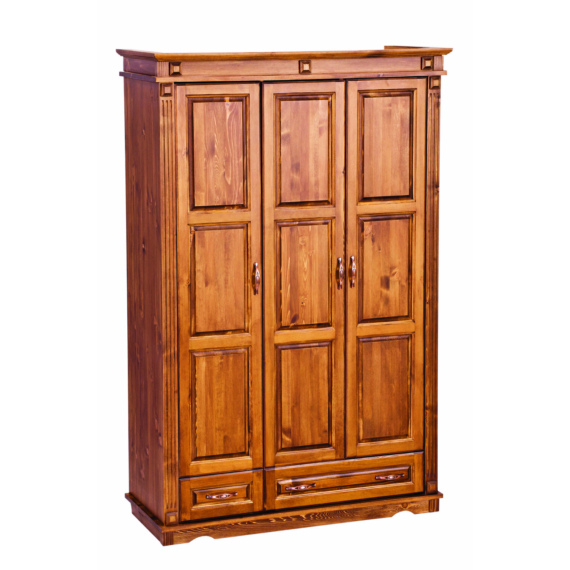 3 ajtós + 2 fiókos pácolt dió színű borovi fenyő szekrény, akasztós és polcos 140 cm széles, cla232 termék
