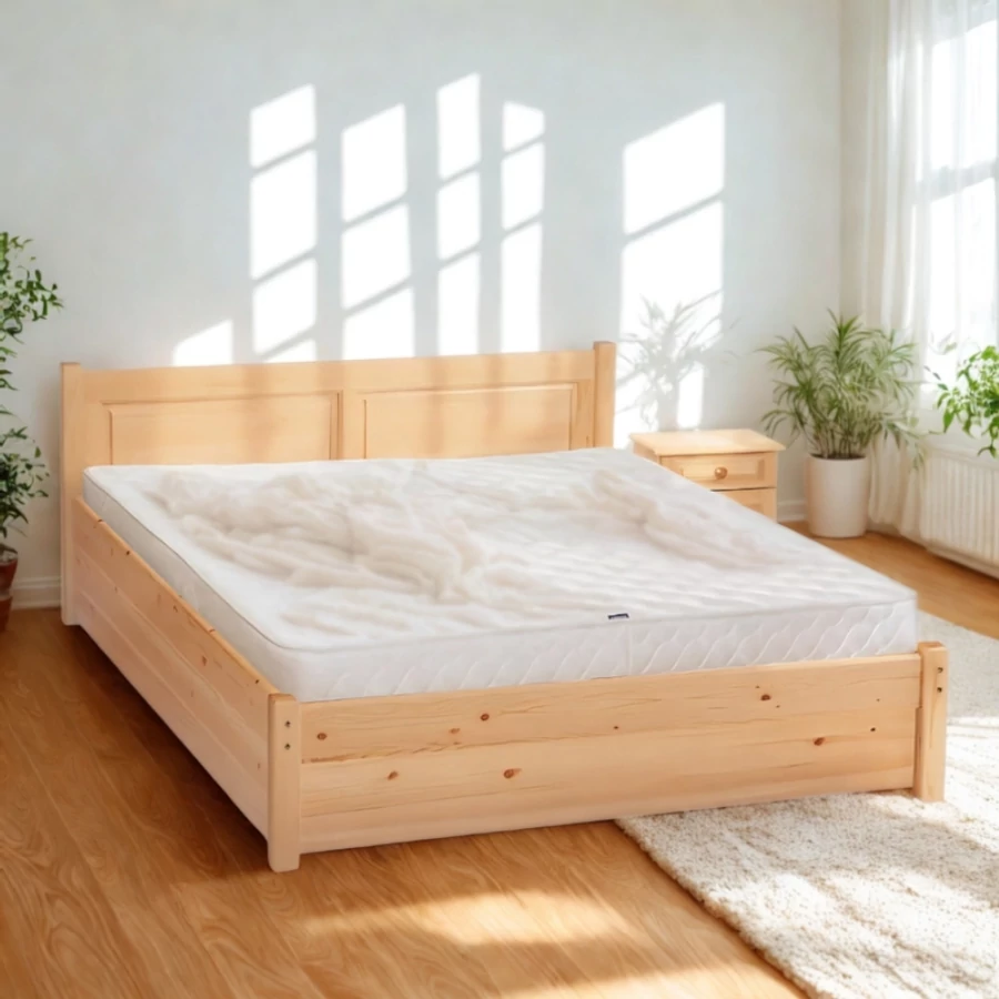 314G – Ágyneműtartós borovi fenyő ágy 140x200 cm egyenes, fílungos modern fejvéggel – Fenyőbútoros