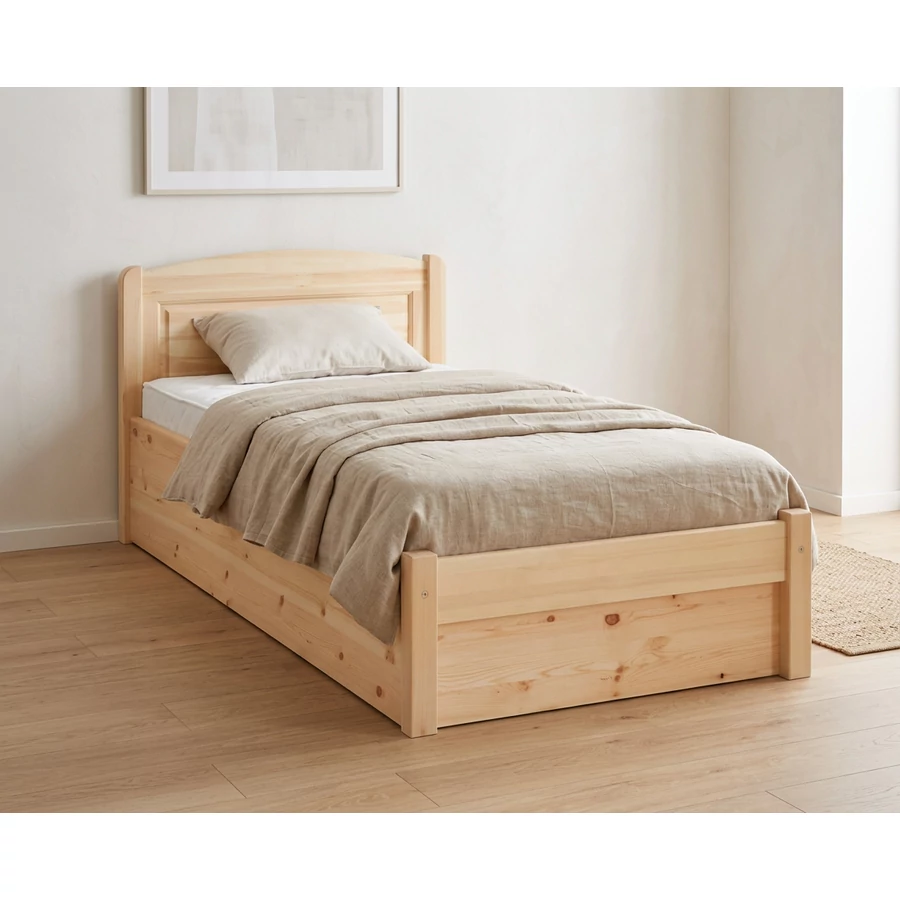 339G – Masszív Borovi fenyő 90x200 cm, egyszemélyes ágykeret ágyneműtartóval +ágyráccsal